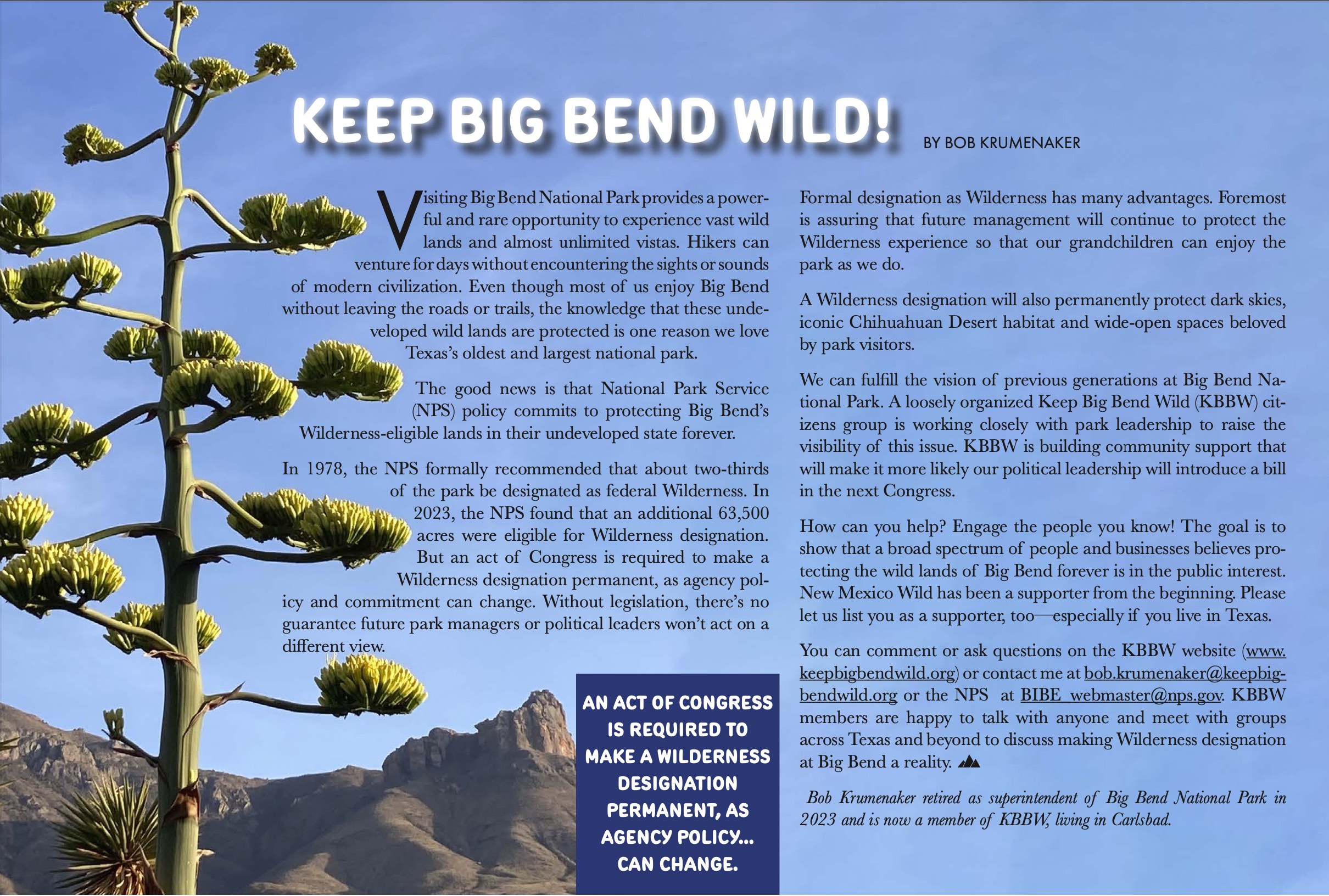 New Mexico Wild Fall Newsletter article about Keep Big Bend Wild