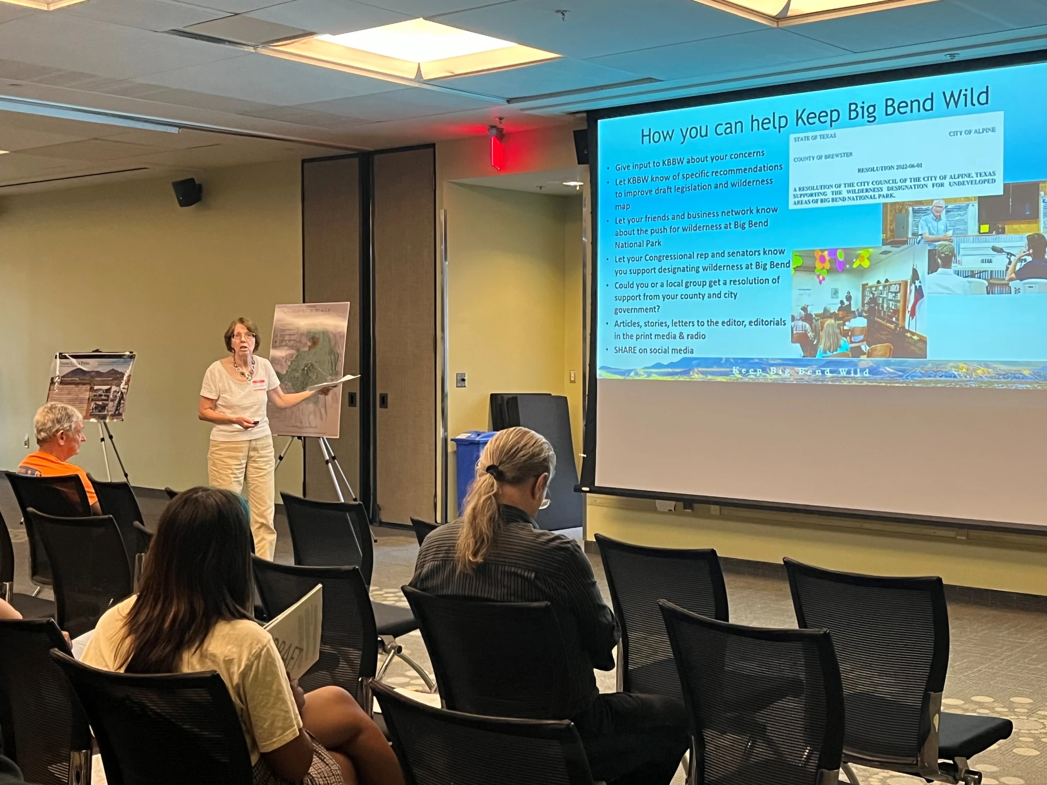 Evelyn presenting at a Keep Big Bend Wild public meeting