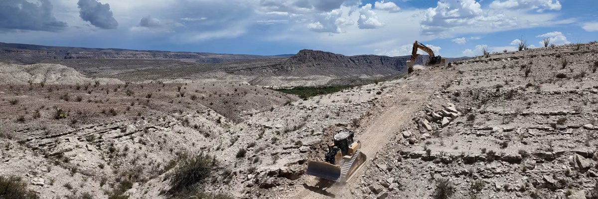 Construction of the Trump administration’s border barrier project procedes at Mariscal Mountain in Big Bend National Park in Texas on August 15, 2026. (Photo by Laiken Jordah/Clenter for Biological Diversity)